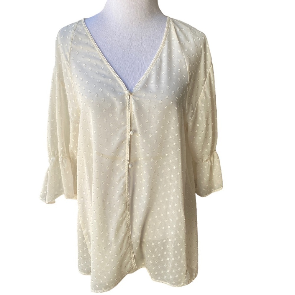 Snidel Women’s Cream Color Raised Dots Sheer Boho Top Duster Cover 3/4 Sleeve